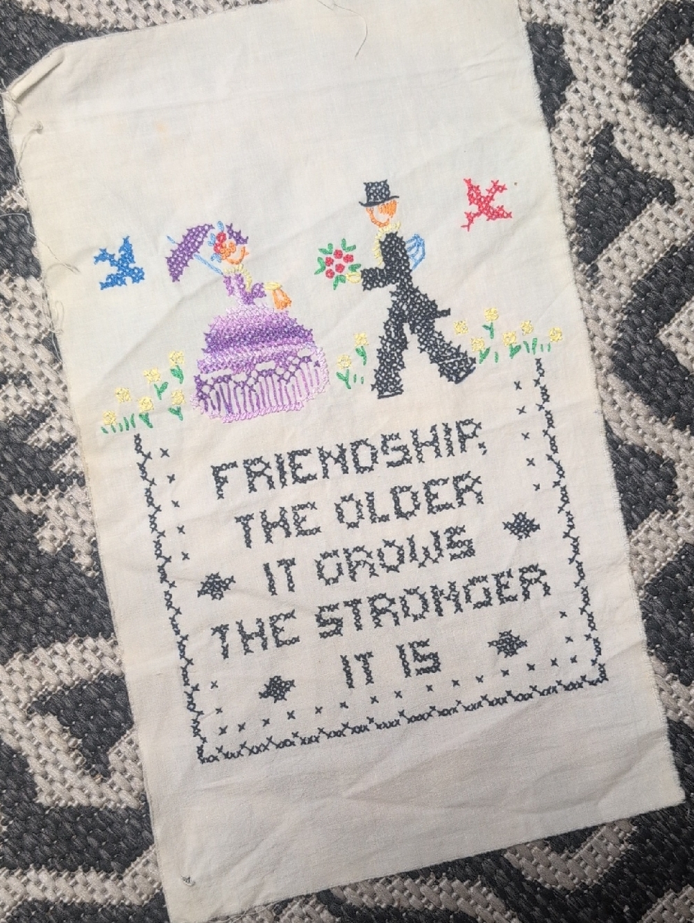 Vintage textile piece, embroidery lady/man w FRIENDSHIP quote